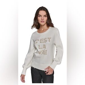 NWOT KARL LAGERFELD PARIS FAUX PEARL & GOLD C’EST LA VIE CREAM SWEATER SIZE L